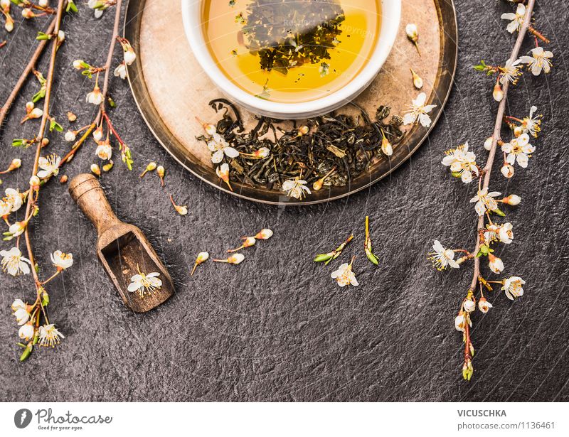 Grüner Tee mit Frühlingsblüten. Lebensmittel Getränk Tasse Lifestyle Stil Design Gesunde Ernährung Sinnesorgane Erholung ruhig Meditation Duft Tisch Natur