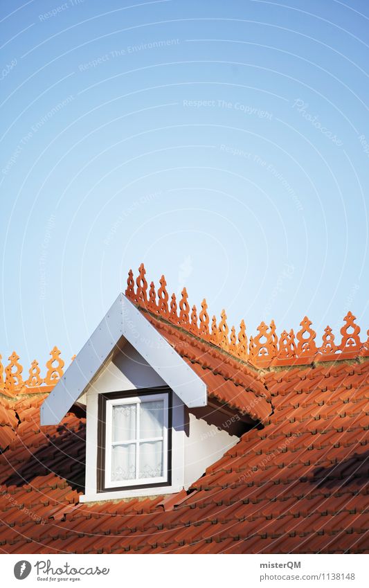 Dachfenster. Kunst ästhetisch Dachgiebel Dachziegel Dachgeschoss Fenster Haus Blauer Himmel Farbfoto Gedeckte Farben Außenaufnahme Detailaufnahme Experiment