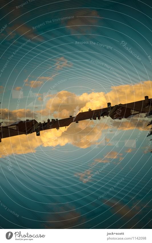 schräger Abend Wolken Schönes Wetter Linie fantastisch lang modern Wärme blau Horizont Inspiration komplex Surrealismus Irritation Doppelbelichtung