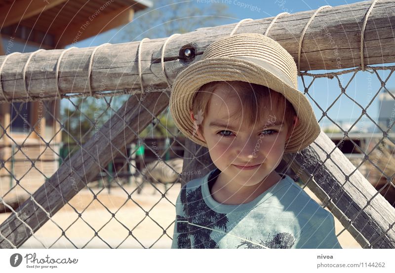 Junge mit Sonnenhut auf Safari im zoo Kind Kindheit Gesicht 1 Mensch 3-8 Jahre Pflanze Tier Wolkenloser Himmel Schönes Wetter Wüste T-Shirt Hut Mütze Wildtier