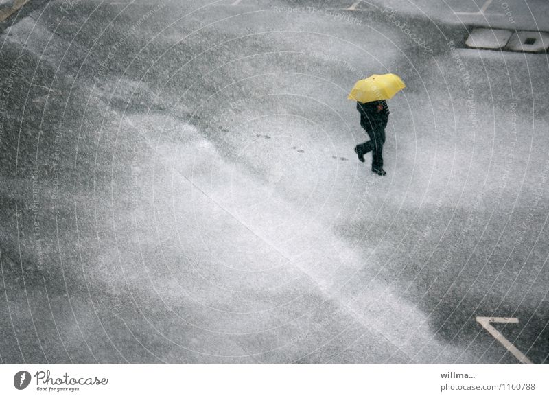 Mann geht im Schneetreiben mit Schirm über die Straße und hinterlässt Spuren Winter Mensch Erwachsene Wetter Schneefall Platz Regenschirm Fußspur kalt gelb grau