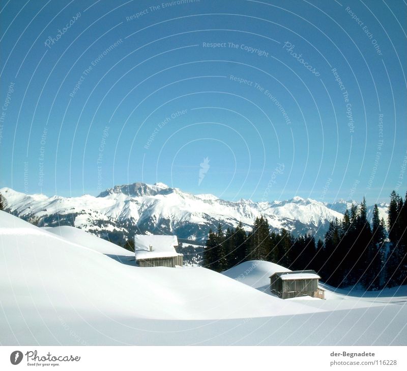 Bergidylle V Winter Februar kalt Neuschnee Winterurlaub Schneewandern Kanton Graubünden Schweiz weiß Schneewehe Holzhütte Berghütte Dach braun Schönes Wetter
