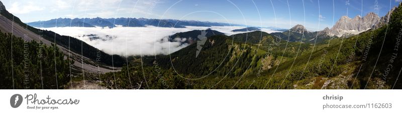Panorama mit Dachstein Umwelt Natur Landschaft Himmel Wolken Horizont Klima Wetter Schönes Wetter Nebel Baum Hügel Felsen Alpen Berge u. Gebirge Gipfel