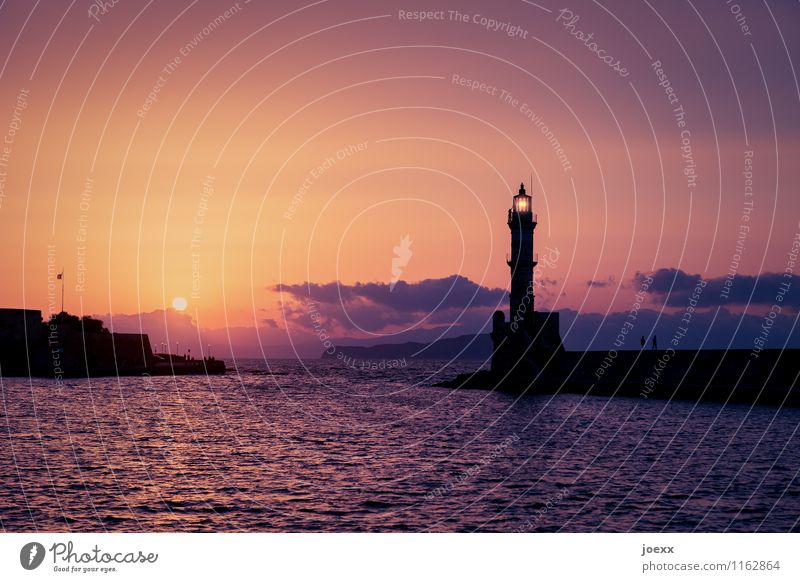 Chania Tourismus Ferne Freiheit Sommer Wasser Himmel Wolken Horizont Sonne Sonnenaufgang Sonnenuntergang Schönes Wetter Wellen Insel Kreta Hafen Leuchtturm