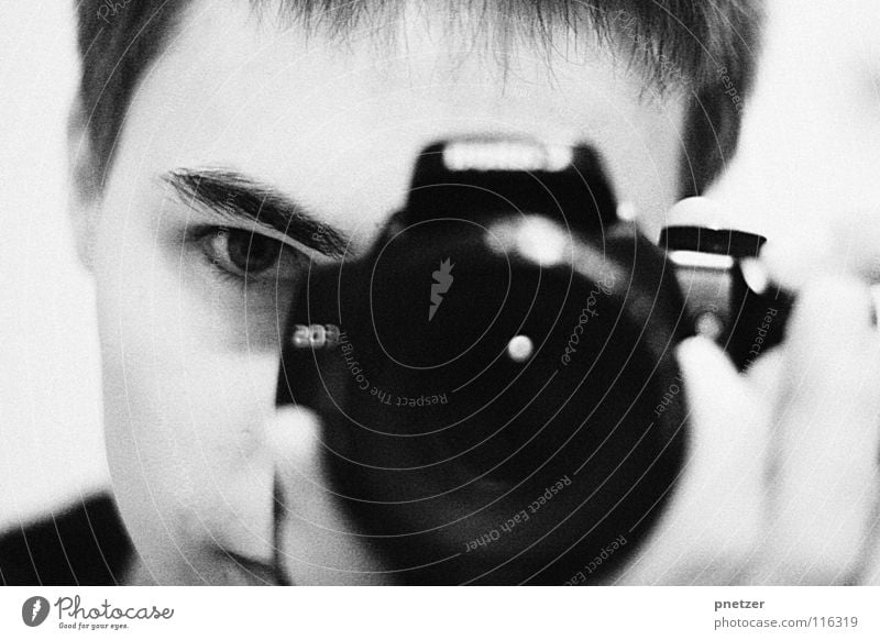 Ich Porträt schwarz weiß Fotograf Mann Spiegel Freude Fotografie selbst Fotokamera Objektiv Auge