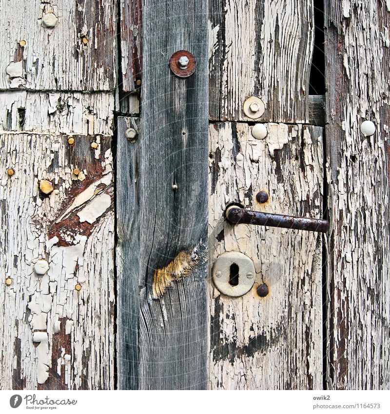 Betagte Pforte Tür alt dehydrieren historisch Verfall Vergänglichkeit Zerstörung Farbstoff Türknauf Griff Holz Tor Portal Schlüsselloch Abnutzung Riss