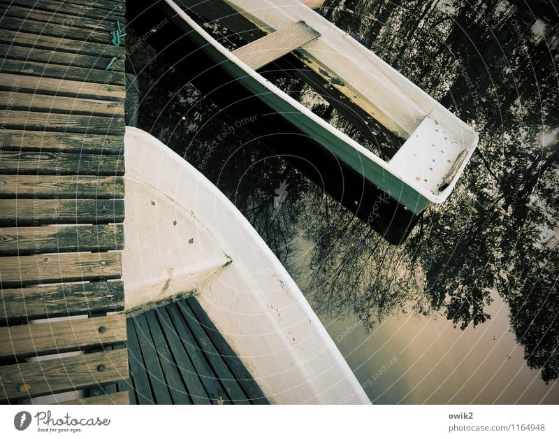 Am Steg Umwelt Natur Wasser Schönes Wetter Seeufer geduldig ruhig Idylle Ruderboot 2 Anlegestelle unten Pause Holz Kunststoff Windstille Farbfoto