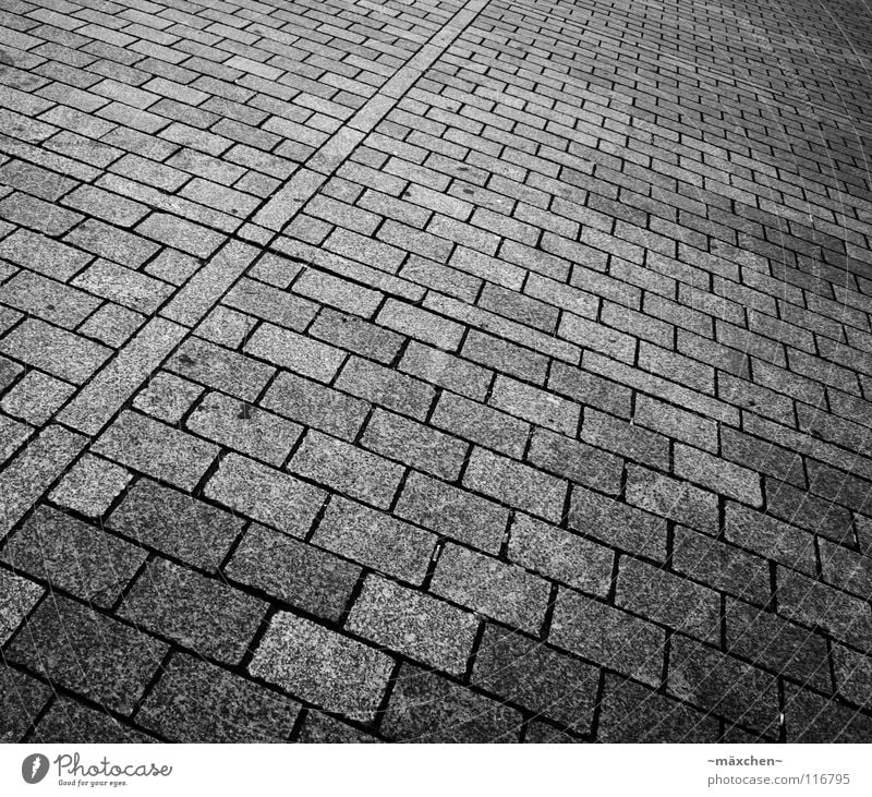 Pflasterstein II schwarz weiß diagonal Quadrat Rechteck Verlauf zweiteilig fahren gehen Verkehrswege Schwarzweißfoto Kopfsteinpflaster Stein black white b/w