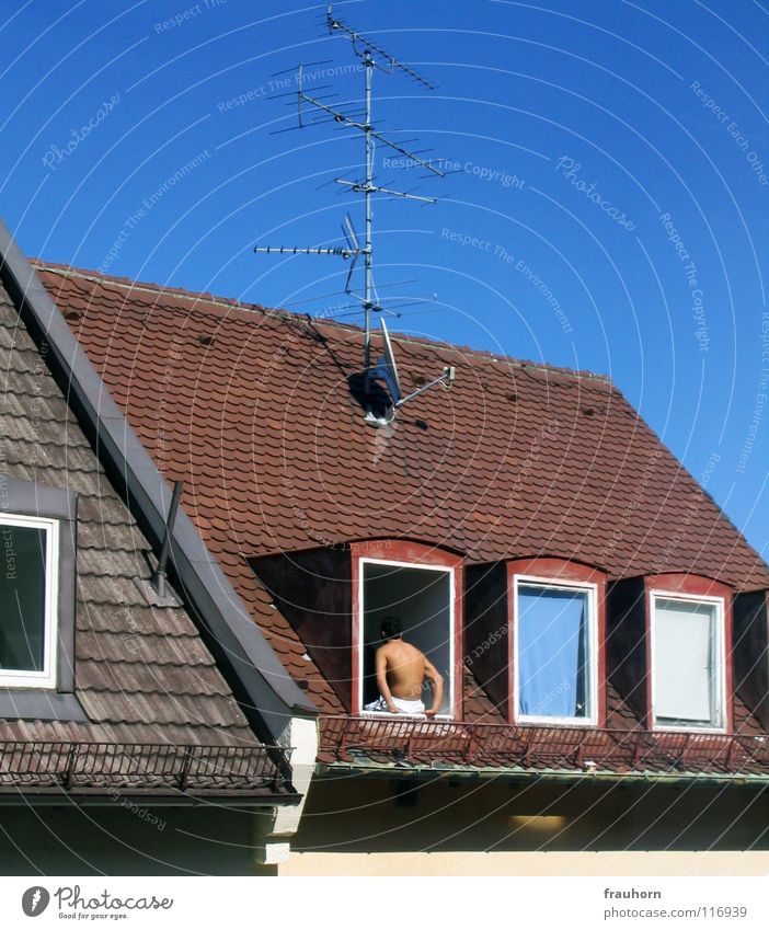 hot or not heiß Sommer Winter Dach Dachgeschoss Dachgiebel Fenster Antenne Dachziegel Regenrinne Hand himmelblau Eis Rücken Typ Arme Himmel strahlender himmel