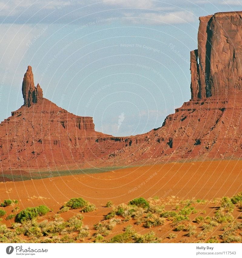 Monumental rot grün Grasbüschel Utah Arizona Sommer Wolken mehrfarbig Wüste USA Monument Valley Farbe orange Felsen Berge u. Gebirge Felsnadel Weste Ferne
