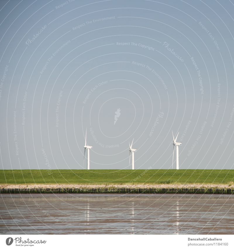 Windenergie Energiewirtschaft Erneuerbare Energie Windkraftanlage Energiekrise Umwelt Natur Wolkenloser Himmel Klimawandel Küste Deich Wattenmeer drehen