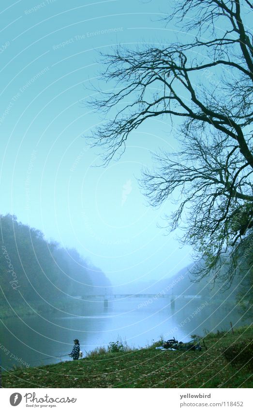 Der Nebelsee. Natur Herbst See Fluss Brücke Unendlichkeit blau Traurigkeit Sorge Einsamkeit Angler Leipzig Morgen Morgendämmerung Dämmerung