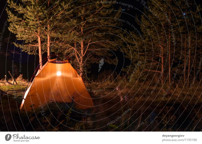 Orange Zelt im Wald Freizeit & Hobby Ferien & Urlaub & Reisen Tourismus Abenteuer Camping Sommer Berge u. Gebirge wandern Lampe Natur Landschaft Wetter Baum