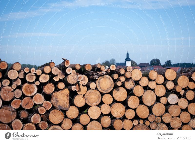 Großer Holzstapel vor einem Fränkischen Dorf. Im Hintergrund sieht man noch die Kirchturm Spitze Ausflug Landwirtschaft Forstwirtschaft Energiewirtschaft