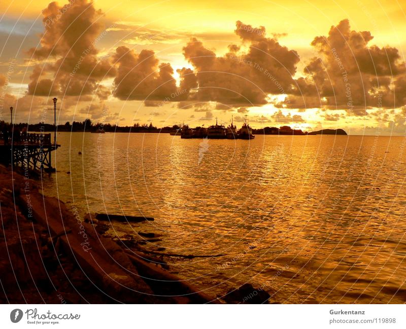 Borneos Gold Malaysia Promenade Sonnenuntergang Wasserfahrzeug Wolken Abenddämmerung Küste Anlegestelle Meer Hafen Strand kota kinabalu gold schön