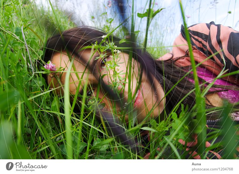 Ich im Gras Gesundheit feminin Frau Erwachsene Kopf Gesicht 1 Mensch 18-30 Jahre Jugendliche Natur Frühling Sommer Wiese Blumenwiese Erholung Lächeln liegen