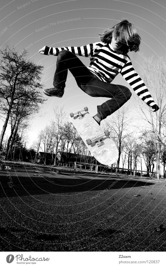 360 Flip Abenddämmerung Aktion Skateboarding Zufriedenheit Kickflip Salto springen gestreift Teer Beton Baum Weitwinkel Jugendliche Sport Funsport Mann Bewegung