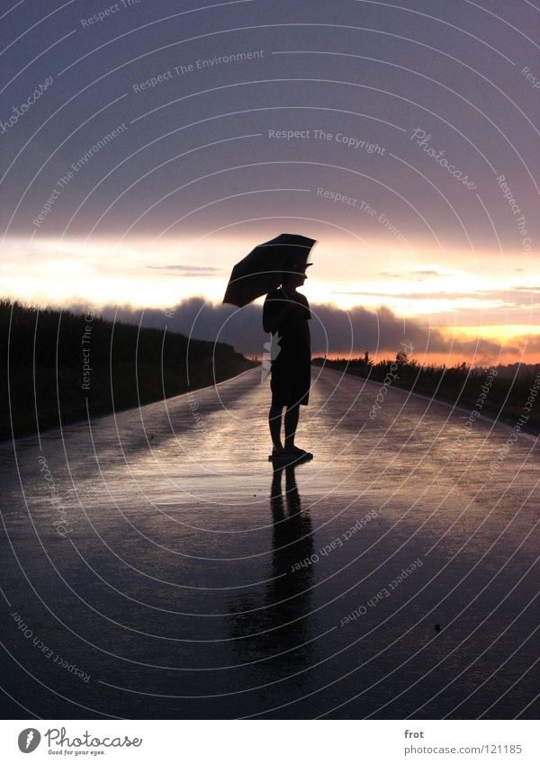 Regenmensch Regenschirm Dämmerung Reflexion & Spiegelung Langzeitbelichtung Landstraße nass Sehnsucht Einsamkeit Ferne Sonnenuntergang Hoffnung Himmel