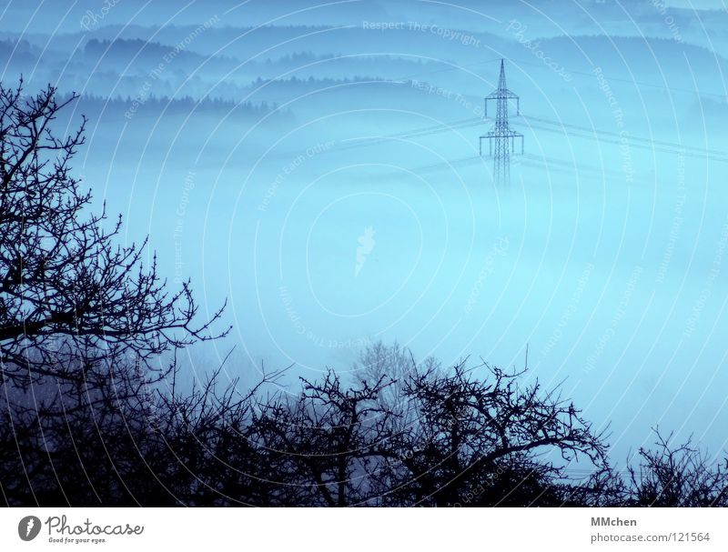 Vernebelt untergehen Licht Nebel Baum Sträucher Elektrizität Strommast Hochspannungsleitung Kabel Nebelbank dunkel weiß Morgennebel Durchblick Tau Raureif kalt