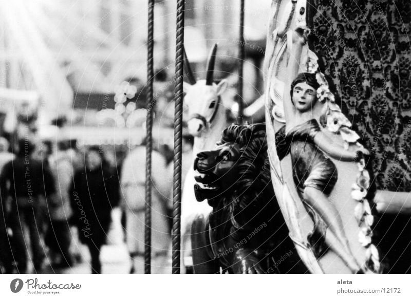 karusell Jahrmarkt Karussell Löwe Einhorn Elfe Fee entdecken fahren gehen schaukeln fantastisch Kitsch grau schwarz weiß Freude Weihnachtsmarkt altes Karussell