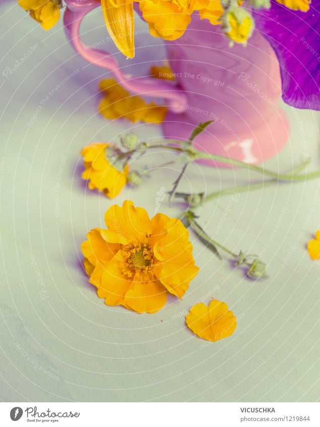 Stilleben - gelbe Gartenblumen und rosa Tasse Lifestyle Design Leben Sommer Haus Traumhaus Innenarchitektur Dekoration & Verzierung Tisch Natur Blume Blatt