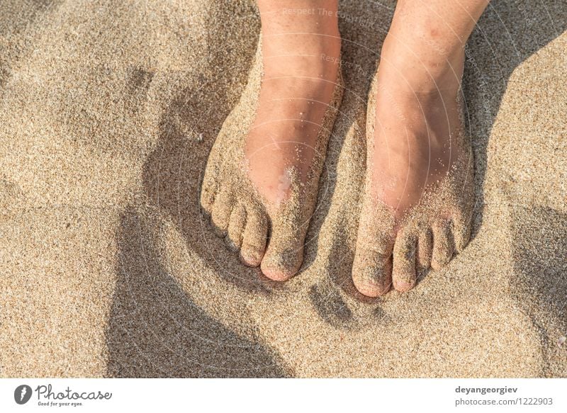 Fuß in Riemen am Strand Freude Erholung Freizeit & Hobby Ferien & Urlaub & Reisen Sommer Meer Wellen Frau Erwachsene Sand Schuhe Hausschuhe blau rot weiß Flip