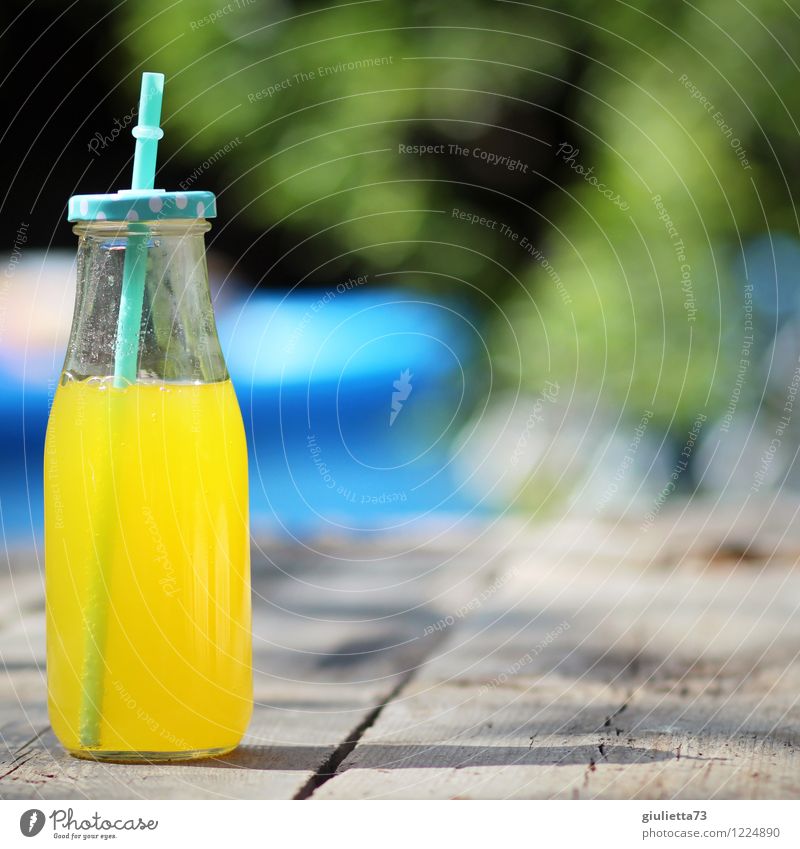 Limo im Garten Getränk trinken Erfrischungsgetränk Limonade Saft Flasche Glas Trinkhalm Glasflasche Lifestyle harmonisch Wohlgefühl Freizeit & Hobby Sommer