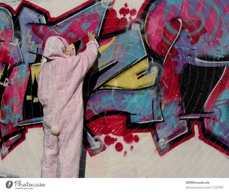 HasenMission | 2008 - sprayer Hase & Kaninchen Ostern rosa weiß gelb schwarz Mauer Quaste kuschlig Dinge Hasenohren Freude lustig offen Öffentlich unterwegs