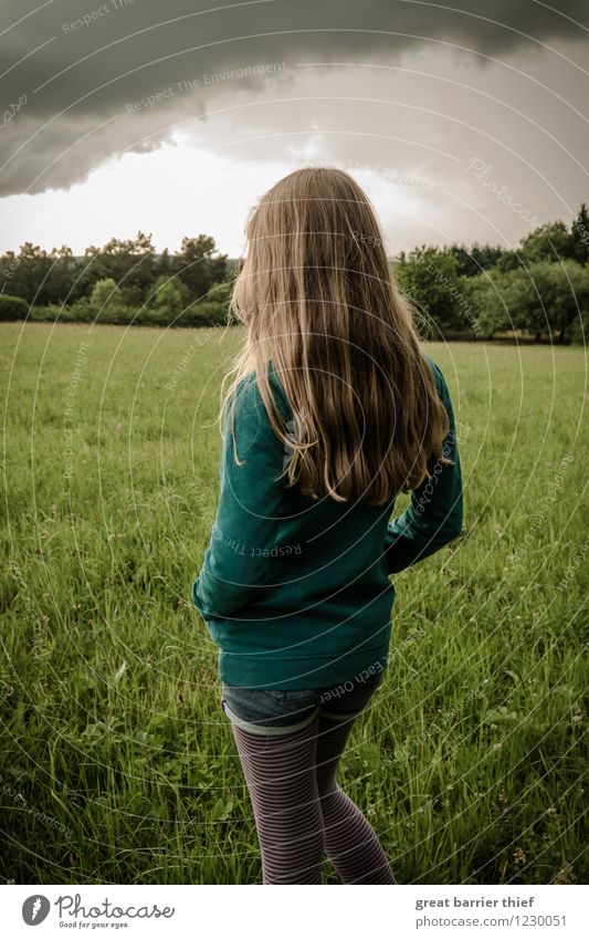 Regen Mädchen Mensch feminin Schwester Kindheit Körper Haare & Frisuren 1 8-13 Jahre Umwelt Natur Landschaft Tier Himmel Wolken Gewitterwolken schlechtes Wetter