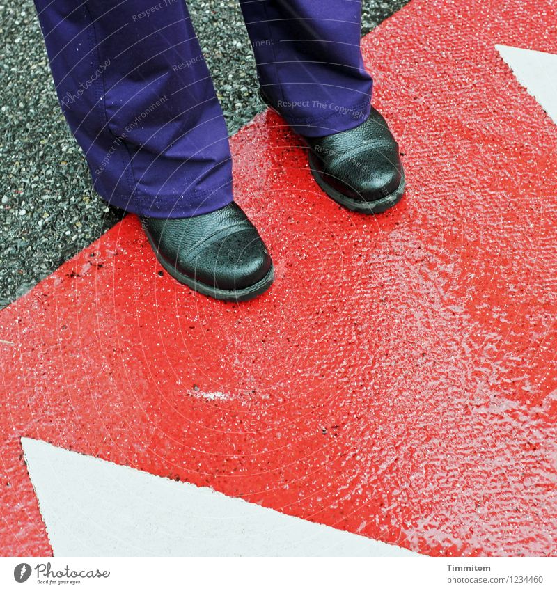 geometrisch | mit Füßen getreten Straße Hose Schuhe Schilder & Markierungen Linie stehen nass grau violett rot schwarz weiß Geometrie Dreieck Farbfoto