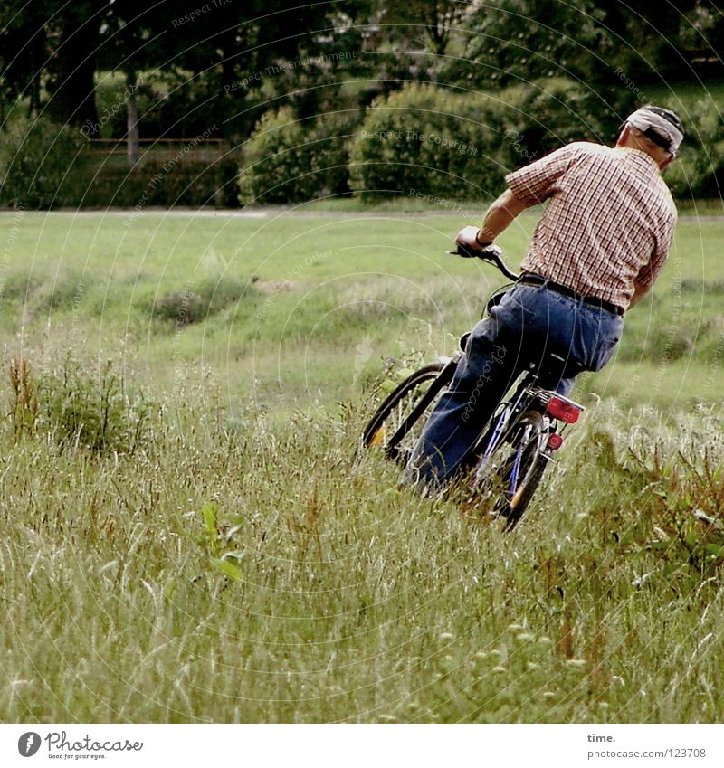 Ein Wille. Ein Weg. Ein Schicksal. Fahrradfahren maskulin Mann Erwachsene Senior Gras Park Wiese Verkehr Wege & Pfade grün gefährlich Kreativität skurril Wunsch