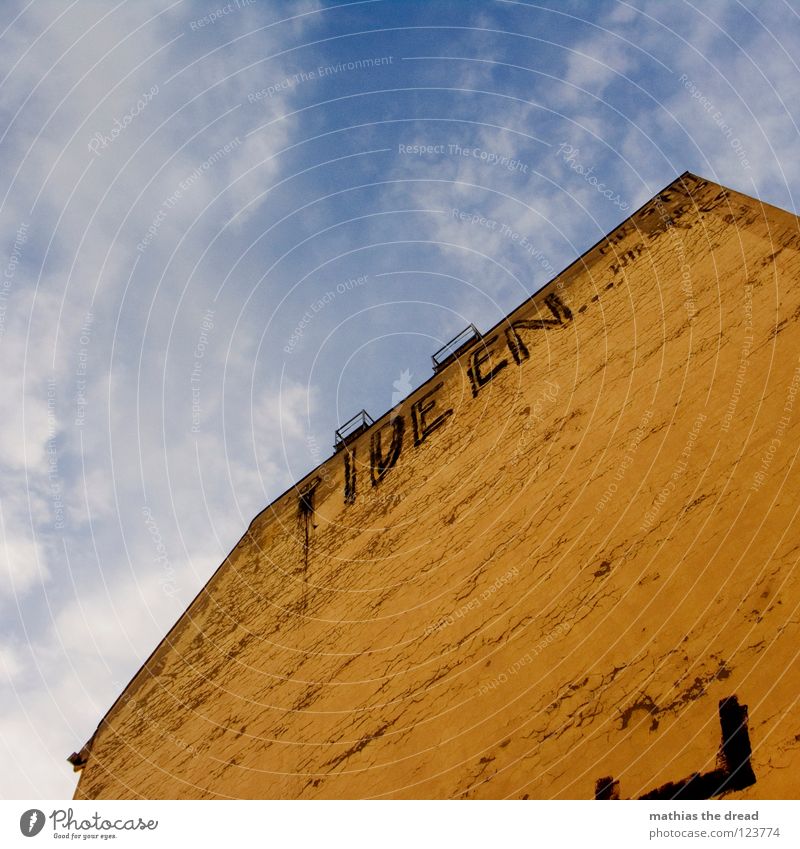 IDEEN BRAUCHT DAS LAND Wolken schön Haus Gebäude Fassade Putz gelb Froschperspektive Aussage Information Mitteilung sichtbar Graffiti Wandmalereien Moral Himmel