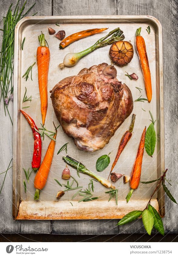 Lammkeule Braten mit Gemüse und Kräutern Lebensmittel Fleisch Kräuter & Gewürze Ernährung Abendessen Festessen Bioprodukte Stil Design Gesunde Ernährung