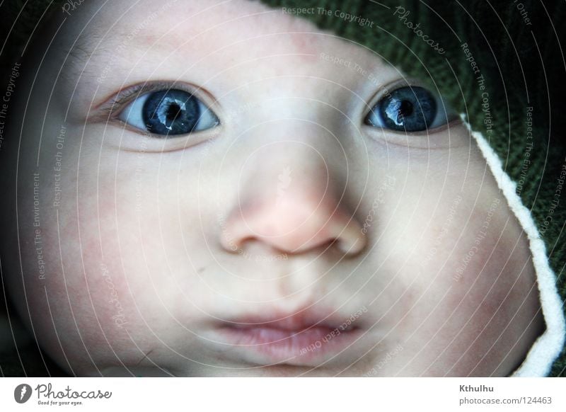 Winterkind Baby Kind kalt Mütze Wolle klein Kleinkind Auge blau Gesicht
