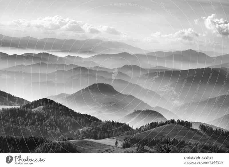 mountains Umwelt Natur Landschaft Himmel Wolken Horizont Herbst Nebel Alpen Berge u. Gebirge Gipfel Erholung fliegen ästhetisch schwarz weiß ruhig Außenaufnahme