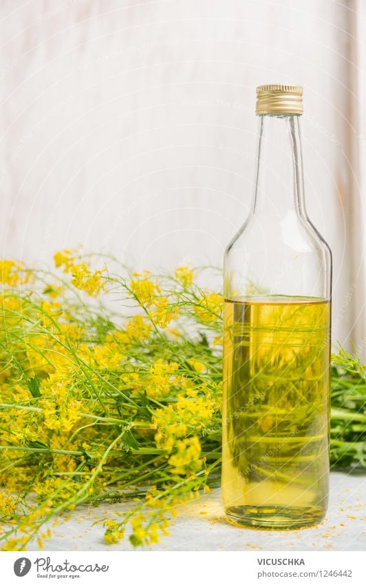 Glasflasche mit Raps Öl Lebensmittel Bioprodukte Vegetarische Ernährung Diät Flasche Stil Design Gesunde Ernährung Natur Pflanze Blatt Blüte Nutzpflanze gelb