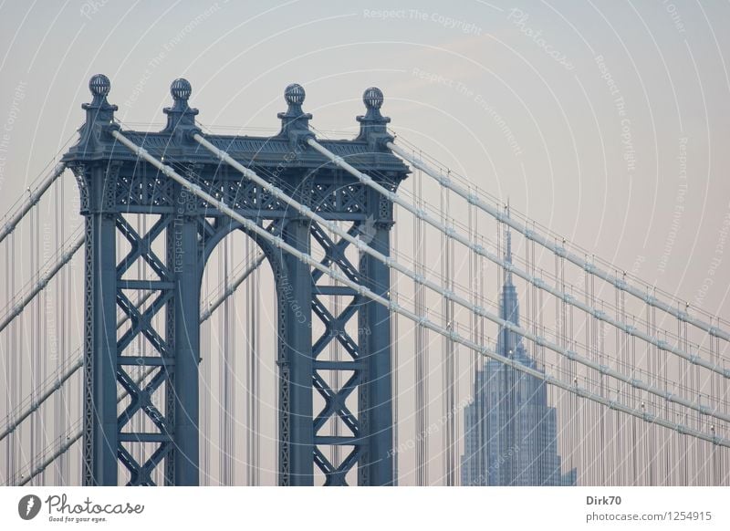 Zwei Ikonen Tourismus Städtereise Wolkenloser Himmel Sommer Schönes Wetter New York City Manhattan Brooklyn Hochhaus Brücke Bauwerk Gebäude Architektur Fassade