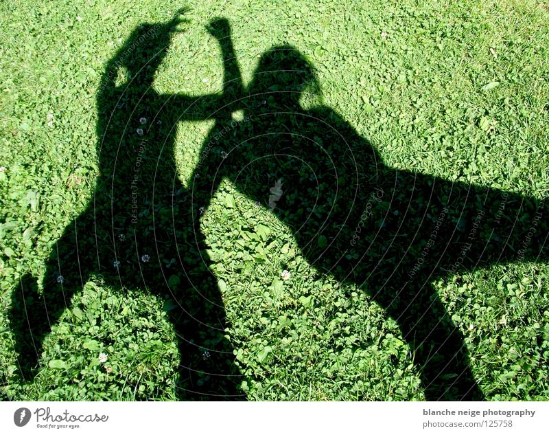 the shadow proves the sunshine Sommer Wiese 2 grün schwarz Angriff kämpfen Sonne grüne wiese Schatten zwei leute zwei personen zwei schatten Kontrast attacke