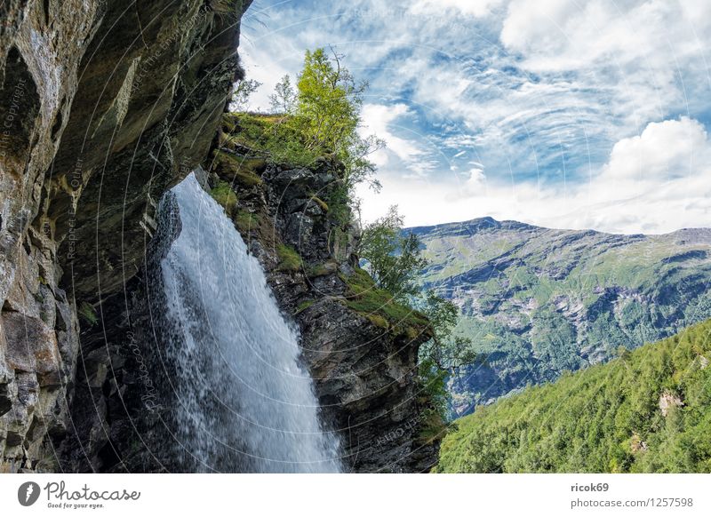 Blick auf den Storseterfossen Erholung Ferien & Urlaub & Reisen Berge u. Gebirge Natur Landschaft Wasser Wolken Baum Wald Wasserfall Idylle Tourismus