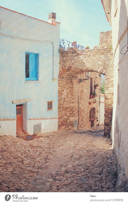 In einer kleinen Stadt Sommerurlaub Sardinien Dorf Menschenleer Haus Tor Mauer Wand Fassade Fenster Tür Straße Pflastersteine Wärme blau braun Farbfoto