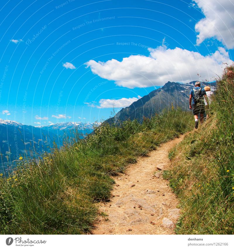 Bergwanderung Mensch 2 Landschaft Himmel Sommer Schönes Wetter Gras Berge u. Gebirge Wege & Pfade Bewegung laufen wandern Ferne gigantisch sportlich blau grün
