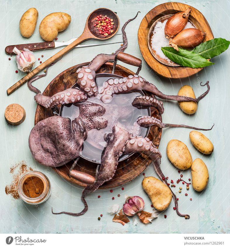 Ostopus mit Zutaten fürs Kochen Lebensmittel Meeresfrüchte Gemüse Kräuter & Gewürze Ernährung Mittagessen Abendessen Bioprodukte Vegetarische Ernährung Diät