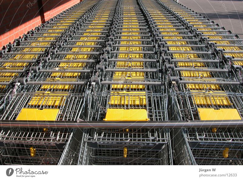 die gelbe Front Fuhrpark Einkaufswagen parken Park Dienstleistungsgewerbe aldi Metall sb-laden Reihe Konsum trolley row