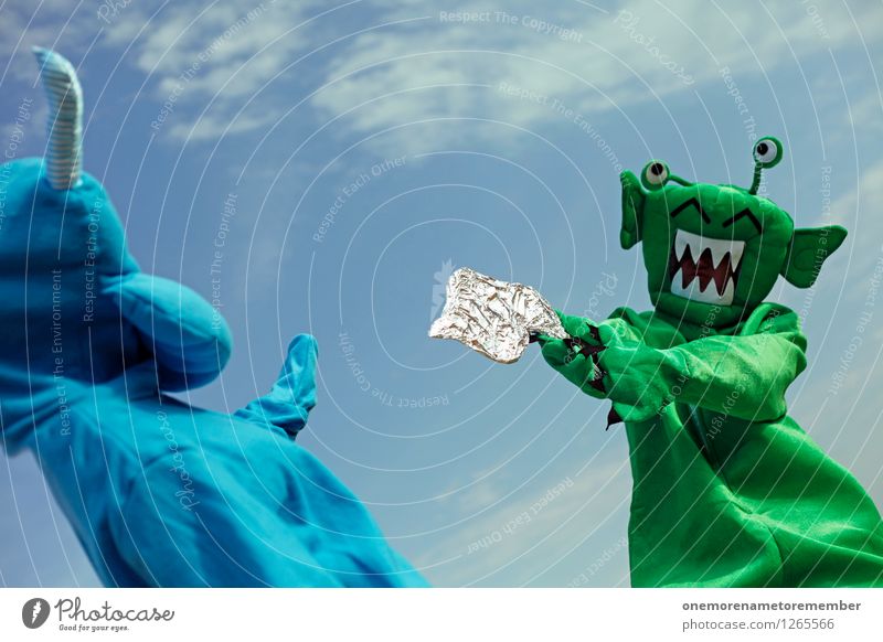 FREEZE! Kunst Kunstwerk Abenteuer ästhetisch Außerirdischer Monster außerirdisch Ungeheuer ungeheuerlich bedrohlich Pistole Laser grün blau Blauer Himmel