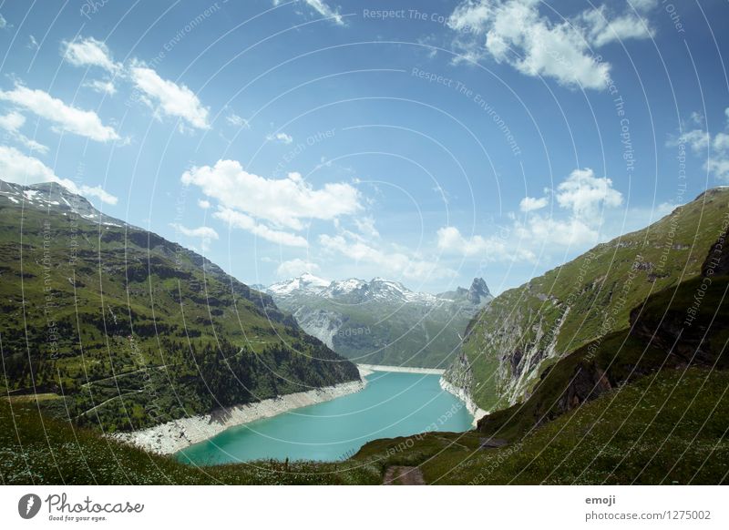 See Umwelt Natur Landschaft Sommer Schönes Wetter Wiese Alpen Berge u. Gebirge Gipfel natürlich blau grün Stausee gletschersee Schweiz Tourismus Wanderausflug