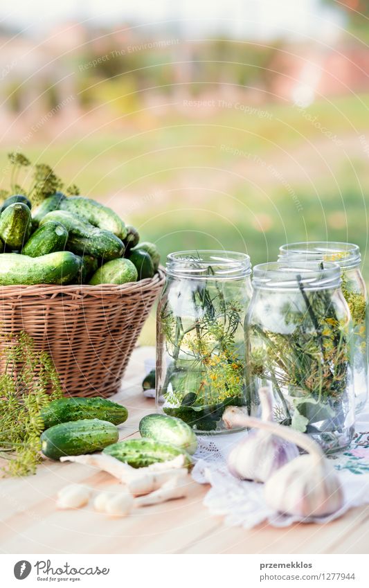 Vorbereiten der Bestandteile für in Essig einlegende Gurken Lebensmittel Gemüse Kräuter & Gewürze Vegetarische Ernährung Garten frisch natürlich grün Korb