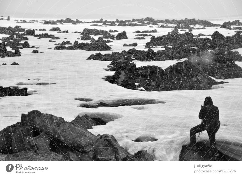 Island Mensch maskulin Mann Erwachsene 1 Umwelt Natur Landschaft Urelemente Winter Klima Wetter Sturm Schnee Schneefall Felsen stehen außergewöhnlich bedrohlich