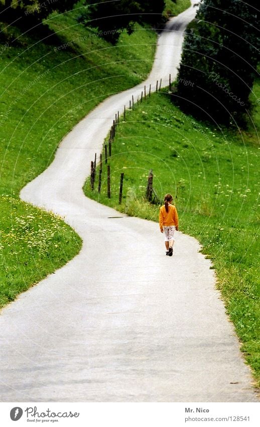 long way home Mädchen wandern gehen biegen Hügel Einsamkeit Wiese Feld Zaun Biegung Baum Ferien & Urlaub & Reisen Erholung Luft Idylle Fußweg Kind walking