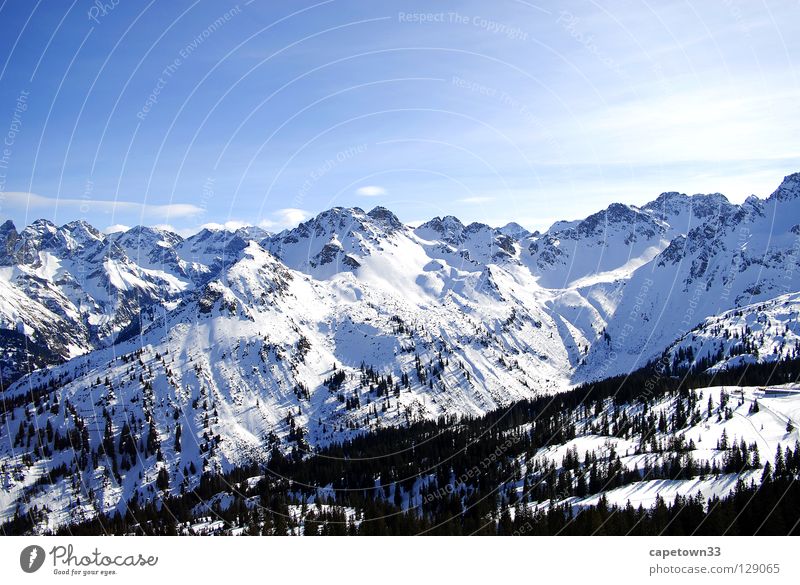 Winterlandschaft weiß Wald Gipfel Schnee Berge u. Gebirge Landschaft Himmel blau Sonne Tal