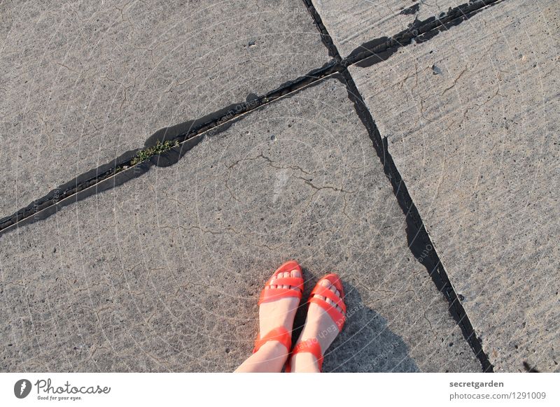 x-beinig zur dead-line. Sommer feminin Junge Frau Jugendliche Erwachsene Fuß 1 Mensch Mode Schuhe Sandale Kreuz Linie stehen grau orange standhaft Einsamkeit